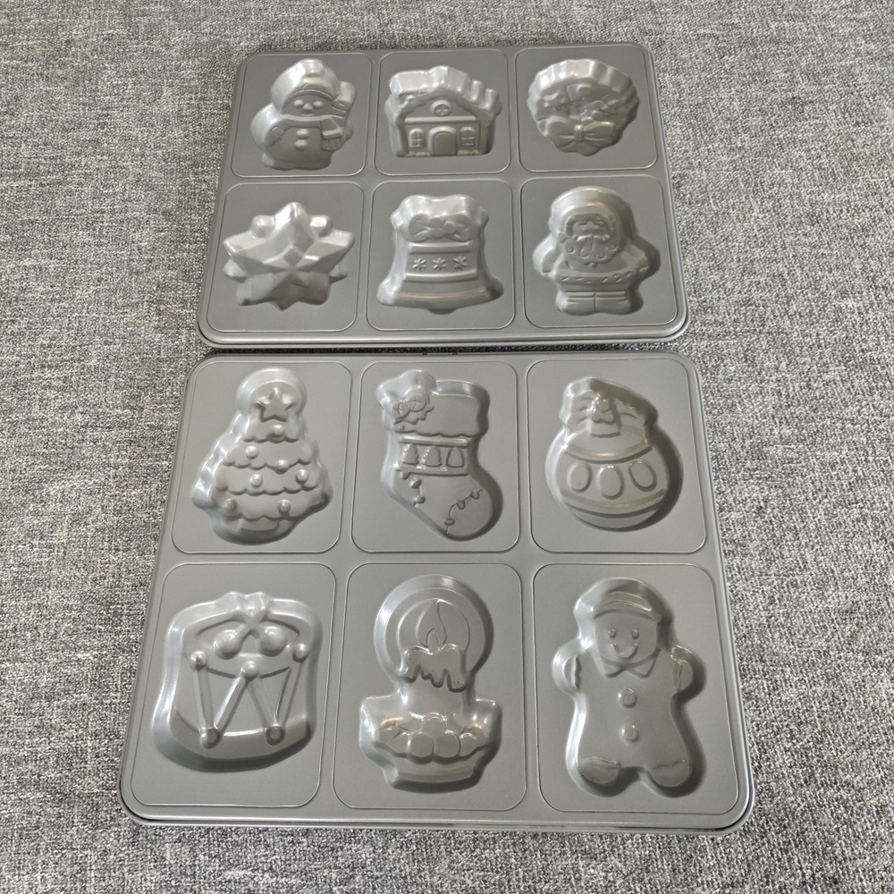 Christmas Holiday Non-Stick Baking Pans Set of 2 Festive 12-Cavity Molds Gray - Picture 1 of 4